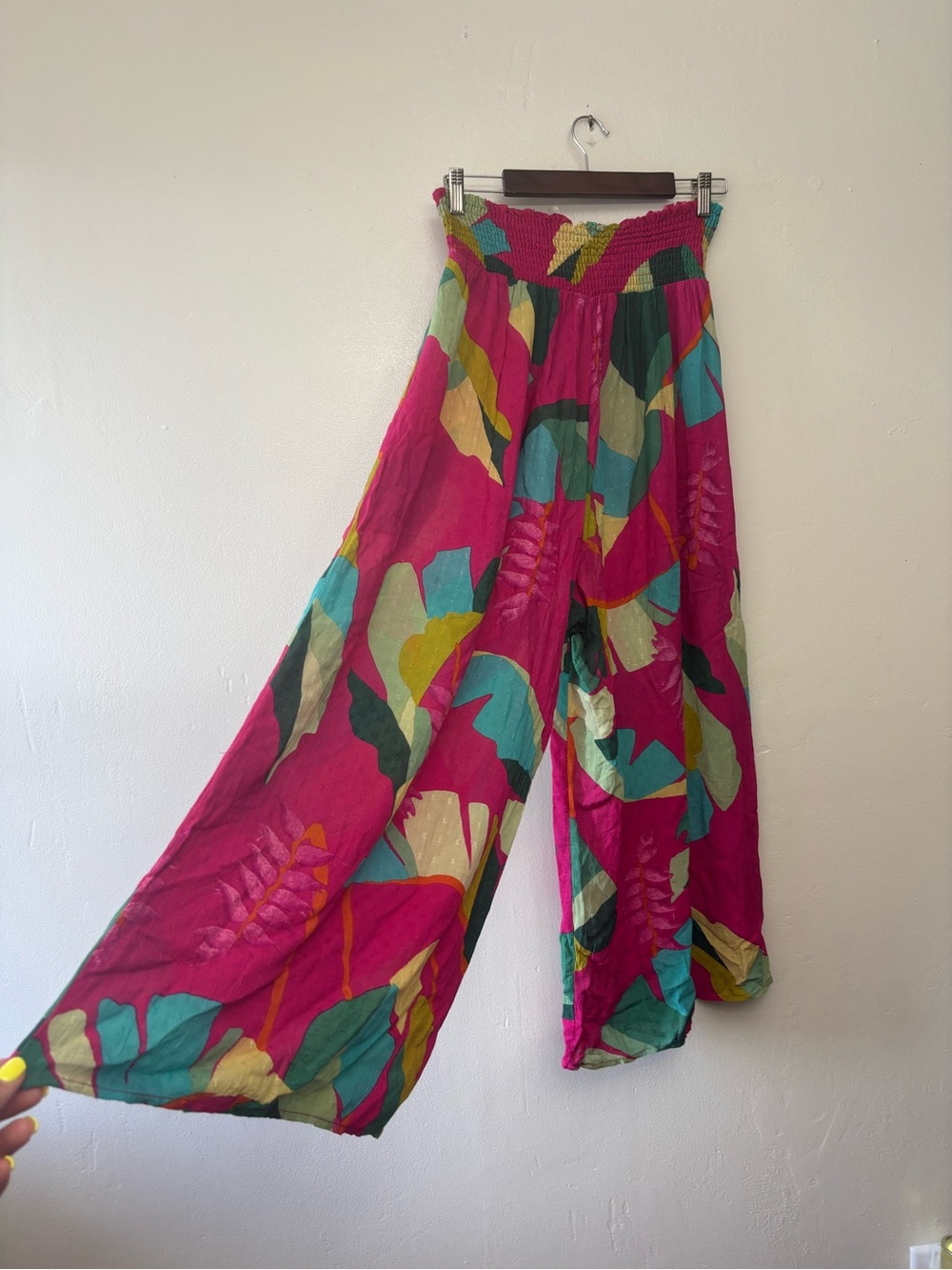 Rachel Roy XL Tropical Wide Leg Smocked Palazzo Pants Pink Rayon Boho